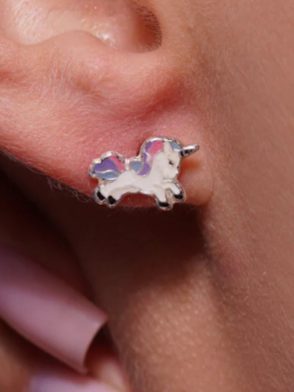Sterling Silver 925 High Polished Enamel Jumping Unicorn Screw Stud Earrings